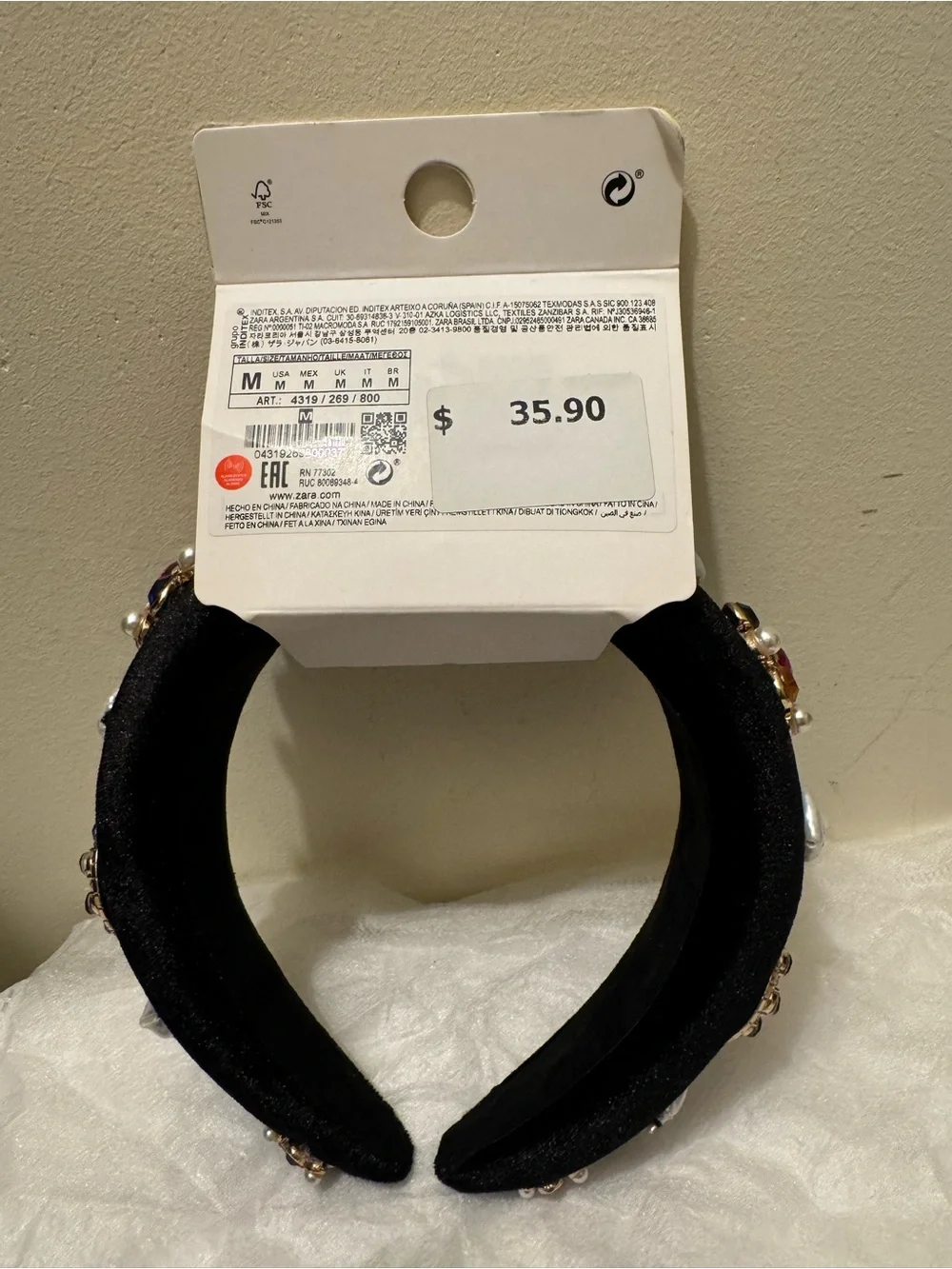 NWT Vintage Zara black velvet headband with pearl and gemstone embellishments
